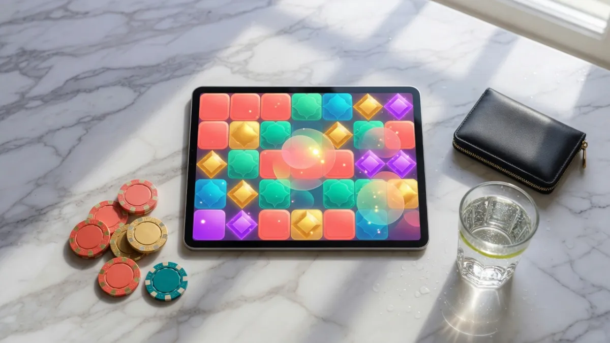 Tablet z kolorowym lobby gier slotowych na marmurowym biurku, obok żetony, portfel i szklanka wody